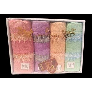Rare Vintage Egyptian Cotton Bath Towels Lace Faux Pearls Pk of 4 Pastel Colors